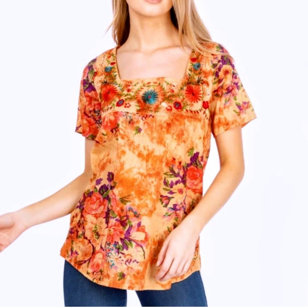 Vintage Goa Square Neck Floral Embroidered Boho Women's Top in Mango ~ Large NWT